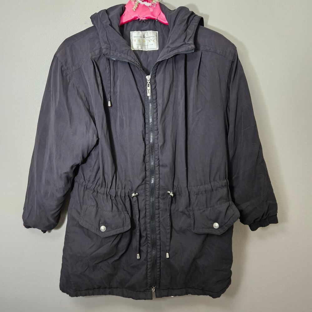 Vintage Towne by LondonFog Black Parka Jacket Hooded Women 1XReg Cozy Minimalist